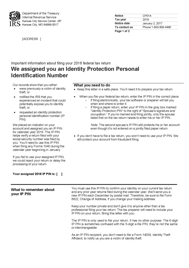 IRS Notice CP01A The IRS Assigned You an Identity Protection Personal Identification Number