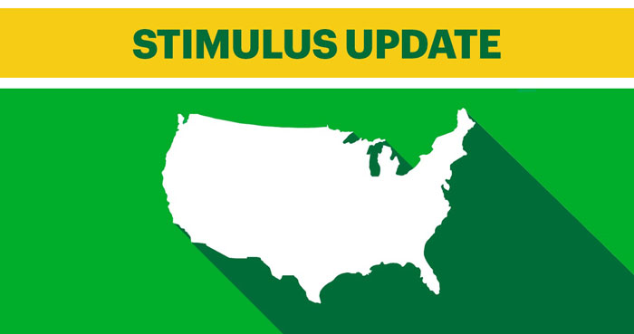Text: Stimulus Update, with the outline of the continental United States on a green background.