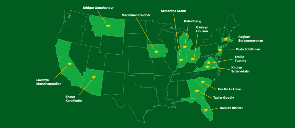 Map of the U.S. on a dark green background outlined in white with the names of of the winners and their states highlighted